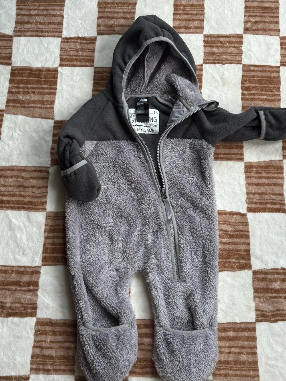 North Face Baby Gray Fleece Hooded One-Piece Coat